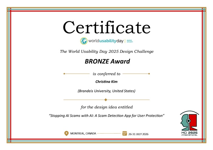 Certificate for the Honorary Mention 2025 World Usability Day (WUD) Design Challenge (DC) award. Details in text following the image